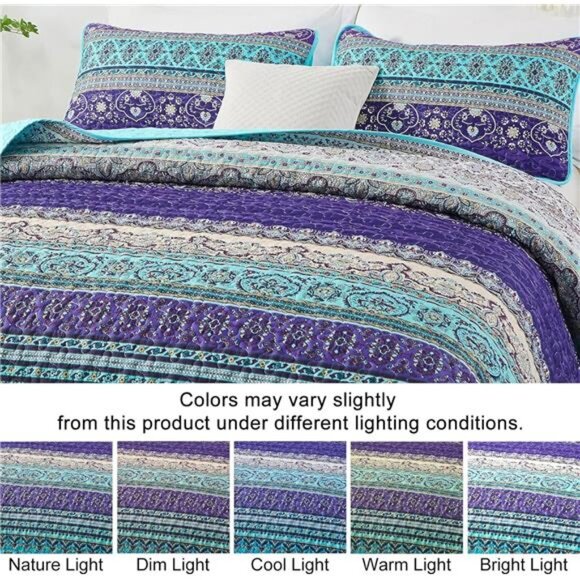 Boho Queen Quilt Set, Blue Purple Bohemian Queen Quilt Bedding - Picture 3 of 7